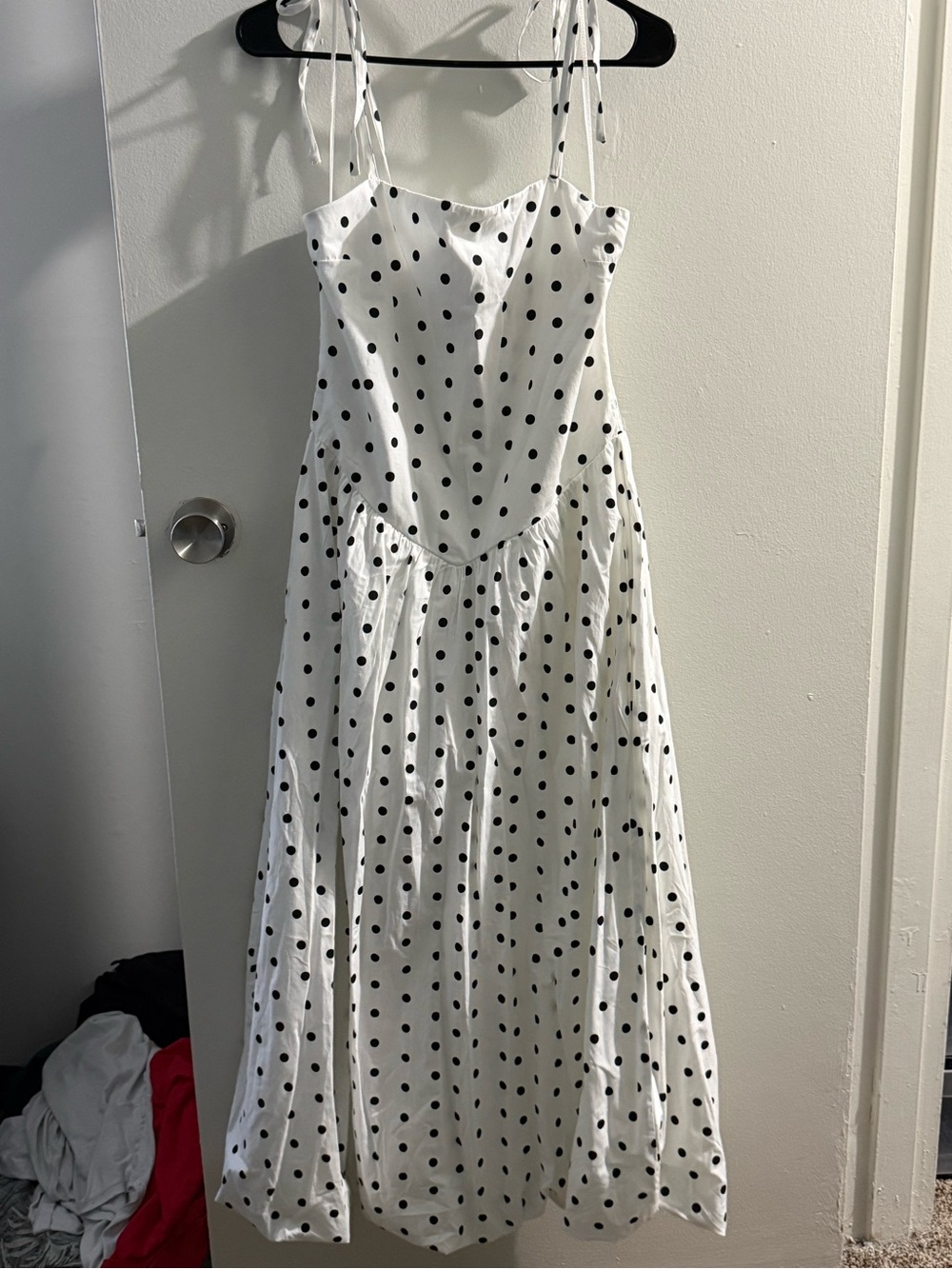 Polka Dot Tie-Shoulder Midi Dress in White and Black